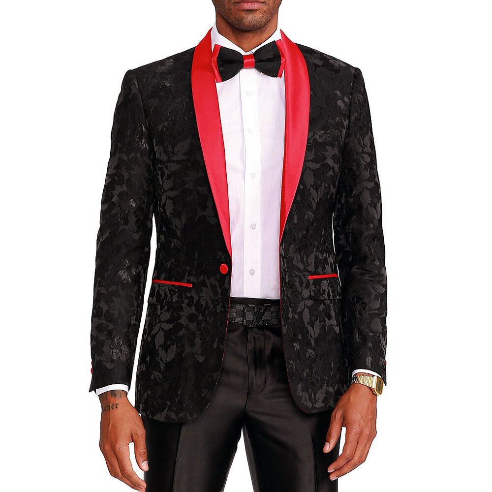 Black With Black Floral Satin Shawl Collar Slim Fit Men's Jacket